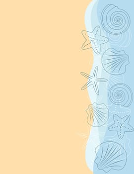 Sea background. Seashells and starfish on blue and beige background. Line art.