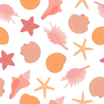 Pastel seashell and starfish on white background. Seamless pattern. Creative marine texture. Great for fabric, textile, wrapping paper