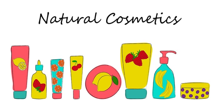Cartoon cosmetic products. Colorful bottles with fruits. Natural cosmetics