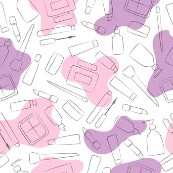 Cosmetics and makeup seamless pattern in line art style. Pink and violet elements.