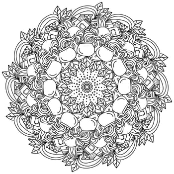 Contour mandala for Halloween, coloring page with festive and magical symbols