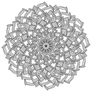 Contour mandala with many ornate petals, meditative coloring page with floral motif