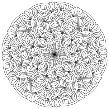 Abstract mandala with ornate petals and dots, meditative coloring page