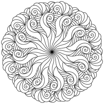 Fantasy mandala with curls and waves, meditative coloring page with ornate motifs