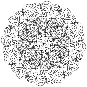 Mandala with hearts and ornate patterns, meditative coloring page for Valentines day