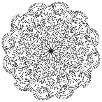 Mandala with hearts, ribbons and ornate patterns, meditative coloring page for valentines day