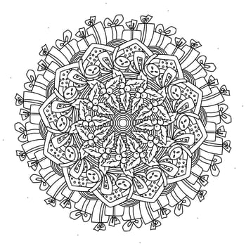 Christmas outline mandala, holiday coloring page with bells, holly and Xtmas attributes