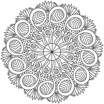 Mandala with striped circles, meditative abstract coloring page
