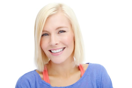 Her smile is magnetic. Head and shoulders portrait of a beautiful young blonde isolated on a white background.