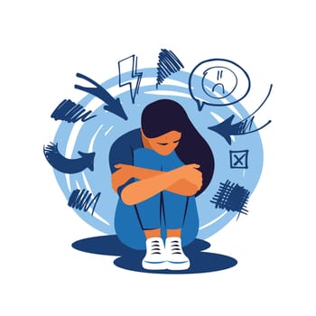 Mental disorder concept. Depression woman. Stress, despair, anxiety disorder, fatigue. Vector illustration.