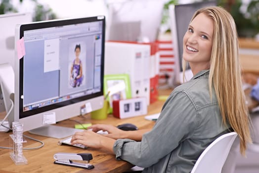 Woman at desk, computer screen and smile in portrait, editor at fashion magazine. Young professional female, image editing software for publication with creativity and editorial career with design