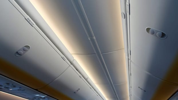 Rome, Italy, March 12 2023. The interior ceiling of an aircraft
