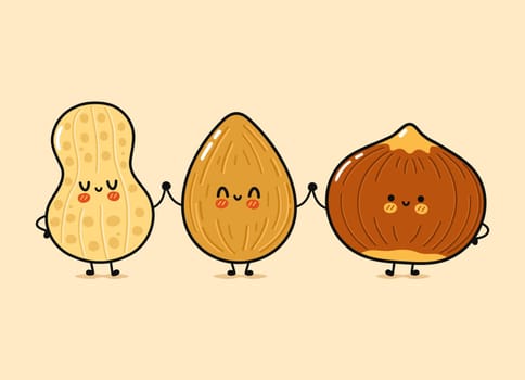 Cute, funny happy almonds, peanuts and hazelnut. Vector hand drawn cartoon kawaii characters, illustration icon. Funny happy cartoon almond, peanut and hazelnut mascot friends concept