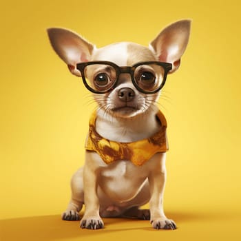 cute dog animal portrait chihuahua glasses yellow pet background puppy studio. Generative AI.