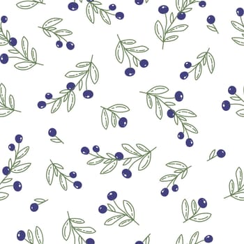 Vector seamless pattern with twigs and blueberries on a white background.