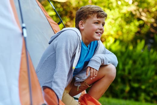 Happiness is going on a camping trip. a young boy looking out of his tent.
