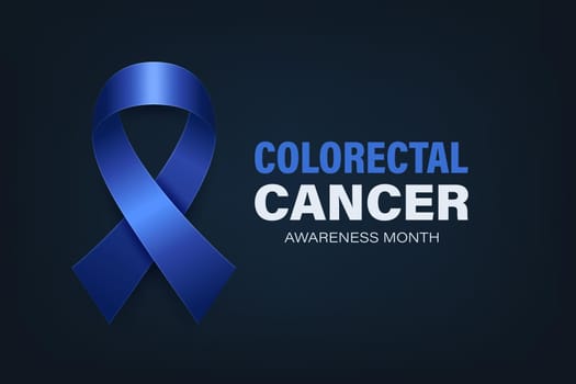 Colorectal Cancer Banner, Card, Placard with Vector 3d Realistic Dark Blue Ribbon on Dark Blue Background. Colon Cancer Awareness Month Symbol Closeup. World Colorectal, Colon Cancer Day Concept