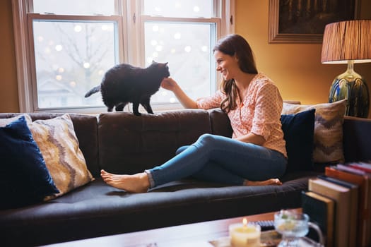 Cats make the perfect couch day companions. an attractive young woman relaxing on the sofa at home and bonding with her cat.