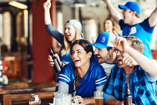 Enjoying a few beers while cheering on our favorite team. A group of excited friends cheering on their favourite team at the bar.