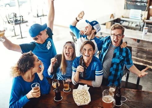 Game day is kind of a big deal to us. a group of friends cheering while watching a sports game at a bar.