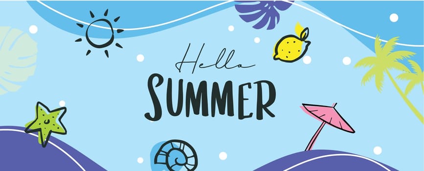Hello summer with decoration on blue background.