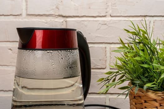 new modern electric kettle made of heat-resistant glass close-up