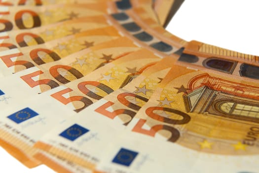 The banknotes of the 50 euro banknote are fanned out in close-up.