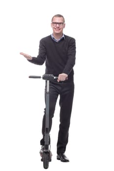 Full length portrait of an young man riding a scooter
