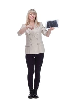 attractive woman pointing on her digital tablet .