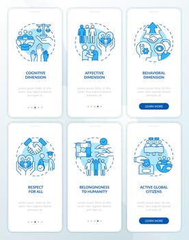 Global citizenship education blue onboarding mobile app screen set. Walkthrough 3 steps editable graphic instructions with linear concepts. UI, UX, GUI template. Myriad Pro-Bold, Regular fonts used