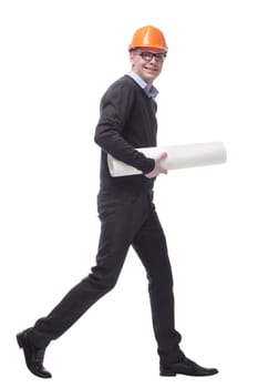 Side view of an male architect carrying blueprints, isolated on white background