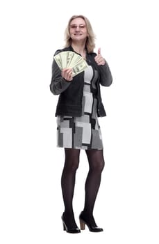 smiling woman with banknotes showing a thumbs up