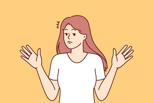 Woman throws up hands, denying involvement in problem or demonstrating ignorance of answers