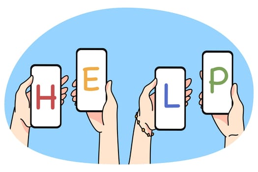 Diverse people hold smartphones with text help ask for emergency aid from online community. Person hands with cellphones beg assistance on social media. Solidarity and volunteer. Vector illustration.