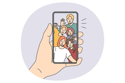 Person hold smartphone talk on video call with diverse friends. Man use cellphone have online webcam chat or communication on gadget with international mates. Vector illustration.