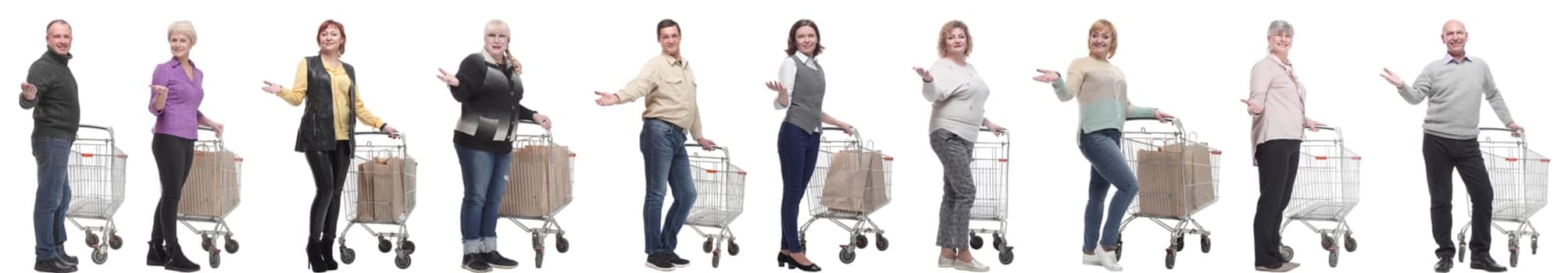 group of people with cart and outstretched hand