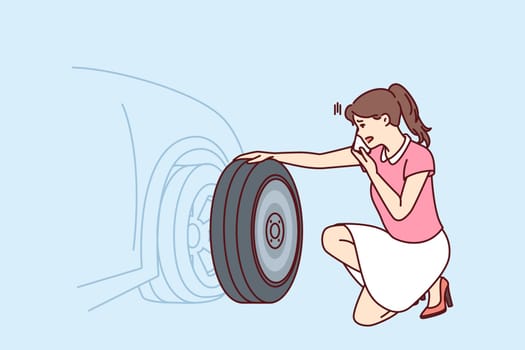 Woman looks at punctured car tire trying to call for help to change tire or haul automobile