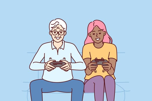 Diverse man and woman with joysticks are sitting on sofa playing game fighting virtual characters