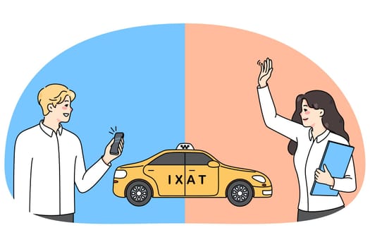 Diverse people order taxi in various ways. Man call cab on cellphone app, woman catch car on street. Private transportation concept. City traffic. Flat vector illustration.