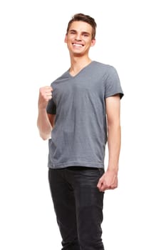 Yes, nailed it. Studio portrait of a happy young man doing a fist pumpisolated on white.