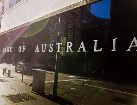 SYDNEY, AUSTRALIA - MAY 27, 2021: Reserve Bank of Australia name on black granite wall in Sydney Australia with lens flare