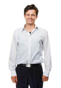 Hes a loyal work employee. Studio portrait of a casually dressed man isolated on white.