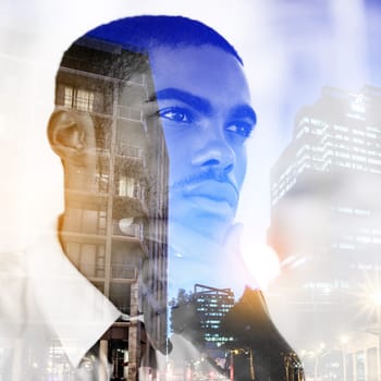 Planning to conquer the city. Multiple exposure shot of a contemplative young businessman superimposed over a city.