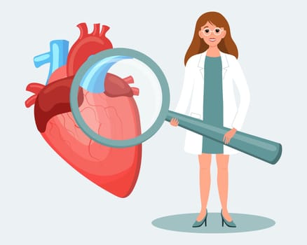 Female doctor with a magnifying glass and human heart. Medical diagnosis of human cardio system, healthcare concept. Illustration, vector