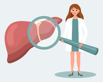 Female doctor with magnifying glass and human liver. Medical diagnosis of the human digestive system, healthcare concept. Illustration, vector