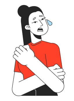 Upset woman embracing herself and crying flat line color vector character