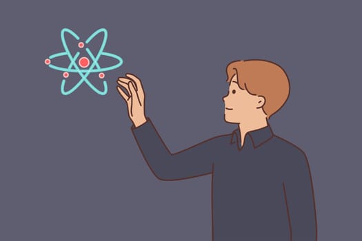 Model of atom or molecule near man stretching hand to scientific physics element
