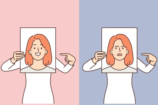 Woman demonstrates poster with positive and negative emotions to compare mood before and after