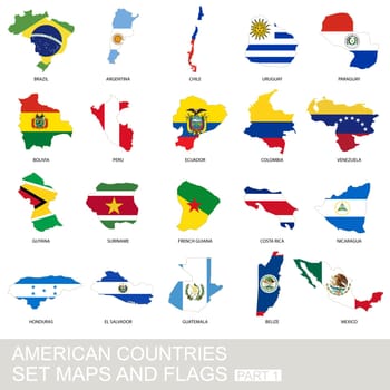 American countries set, maps and flags 