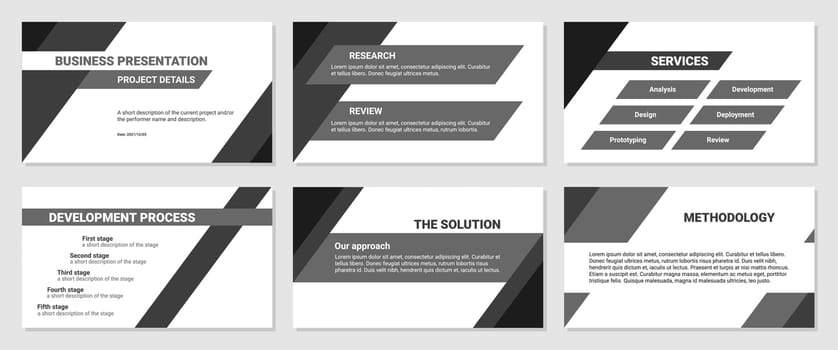Business presentation design 6 slides template. Development process, solution, services, research and review.